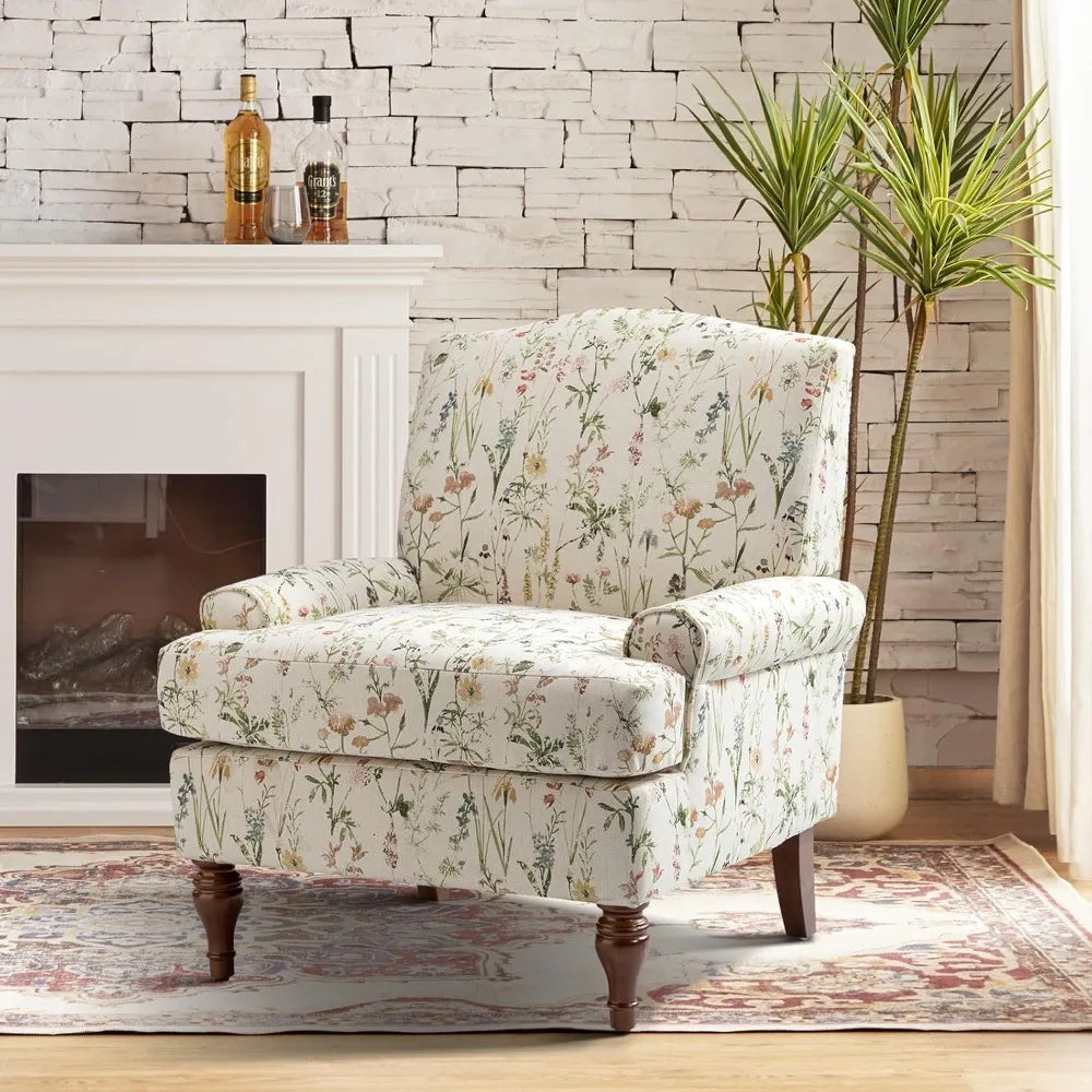 Chair with Solid Legs & Removable Cushion, Floral Comfy Upholstered Armchair, Leisure Single Sofa Chair