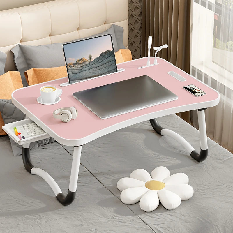Portable Laptop Desk with USB Light, Small Fan, Cup Holder, Tablet Slot, and Lifting Handle - Foldable