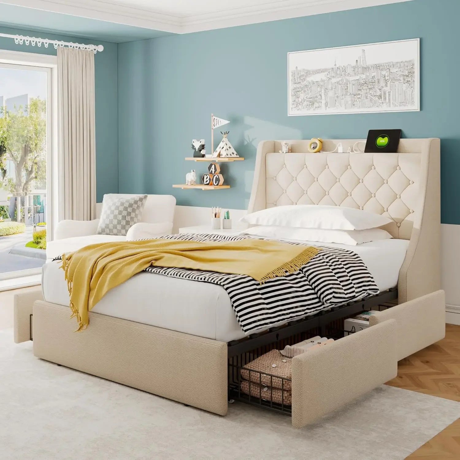 Bed Frame with 4 Storage Drawers, Upholstered Platform Bed Frame with Type-C & USB Ports, Wingback