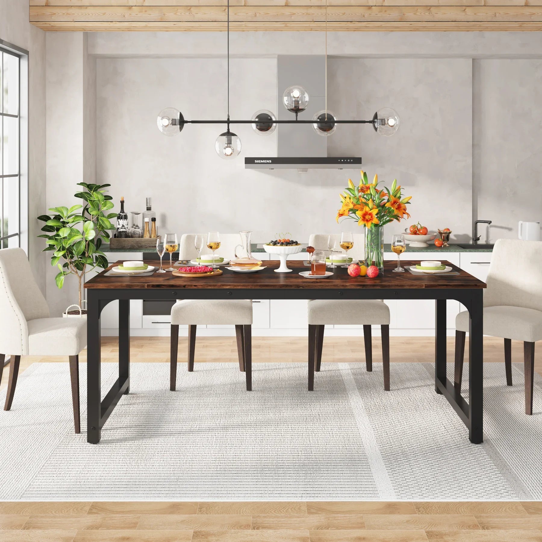 Tribesigns Kitchen Modern Industrial Dining Table for 6-8 Person with Metal Frame