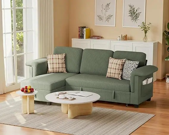 Sleeper Sofa, Pull Out Sofa Couch Bed with Storage Reversible Chaise, L-Shaped Sofas with Side Pocket