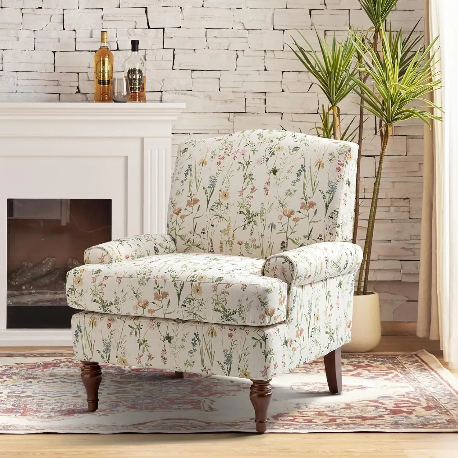 Chair with Solid Legs & Removable Cushion, Floral Comfy Upholstered Armchair, Leisure Single Sofa Chair