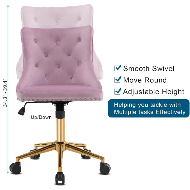 Mauve Purple Armless Home Office Desk Chair with Gold Base/Wheels, Small Cute Vanity/Makeup Chair
