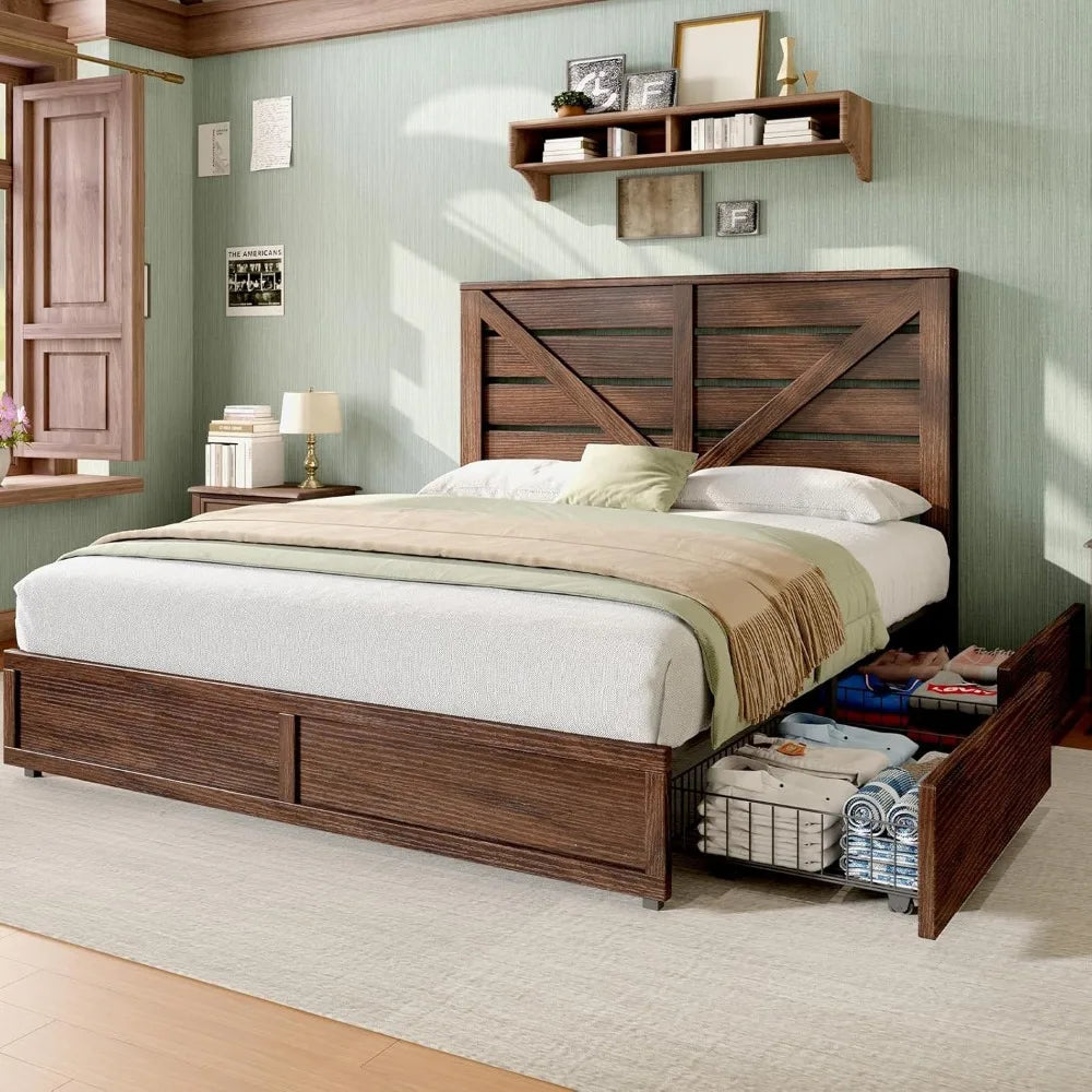 AMERLIFE Queen Size Farmhouse Bed Frame with 4 Drawers, Wooden Storage Bed Frame with Headboard