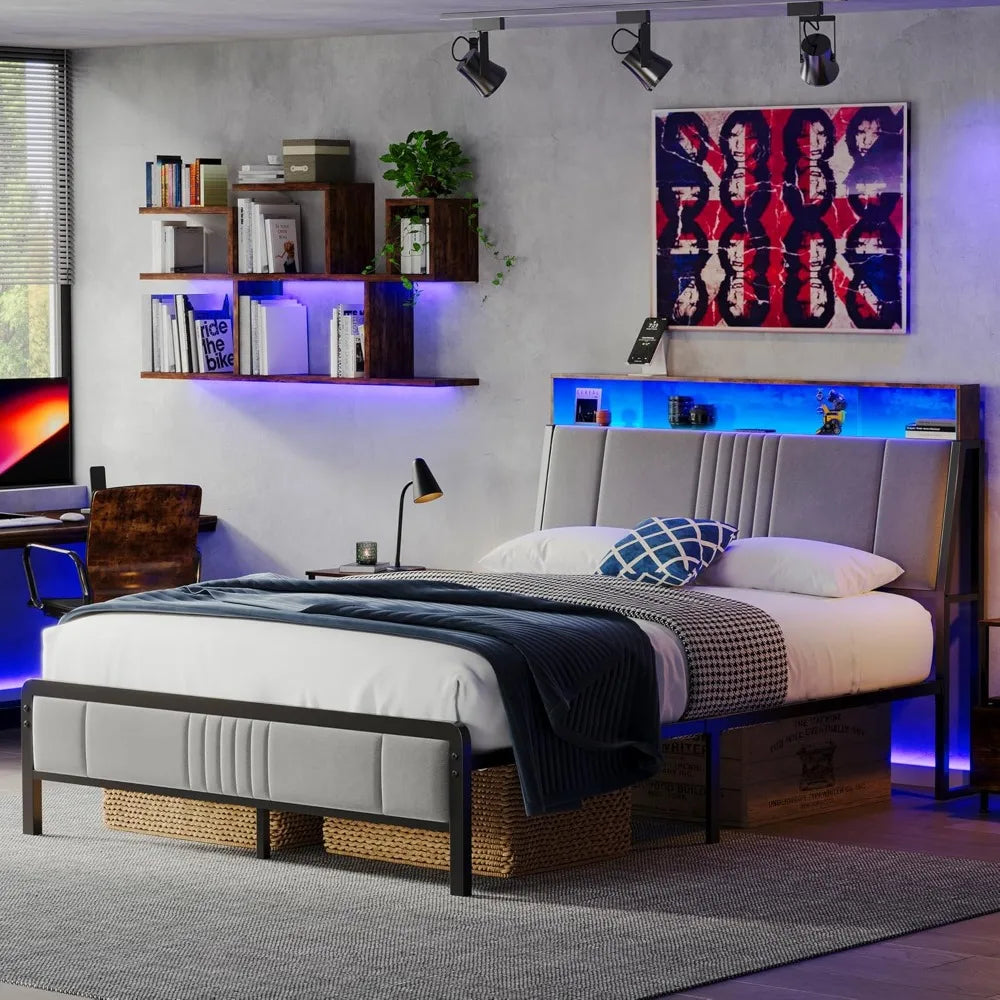 Queen Size Bed Frame with Storage Headboard and Charging Station, Ergonomic Platform Bed Frame