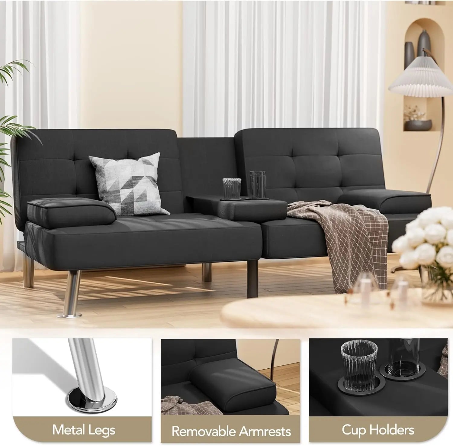 Modern Linen Upholstered Convertible Folding Futon Sofa Bed with Removable Armrests, Metal Legs