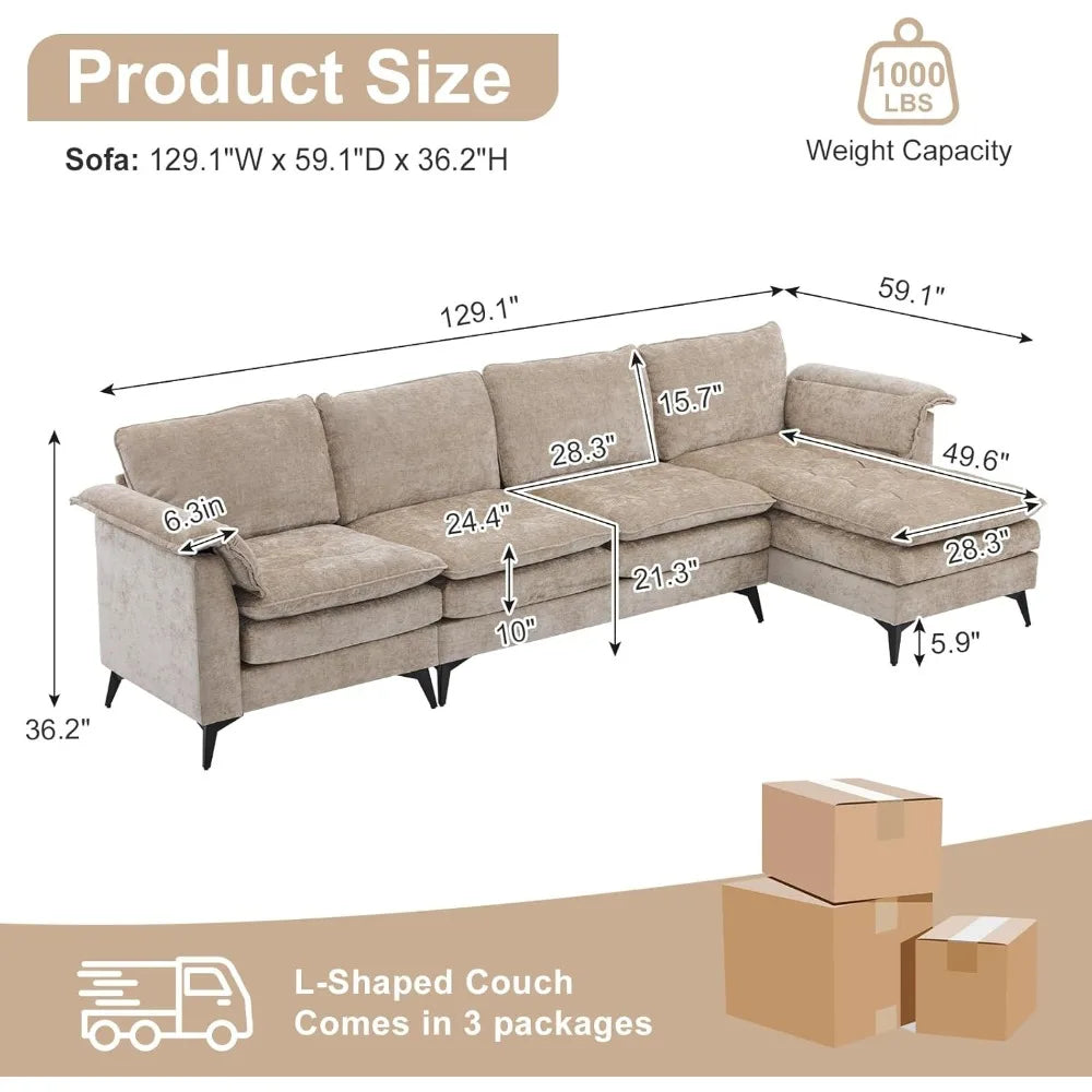 129” Oversized L-Shaped Cloud Sectional Sofa, Memory Foam Couch with Reversible Chaise Lounge