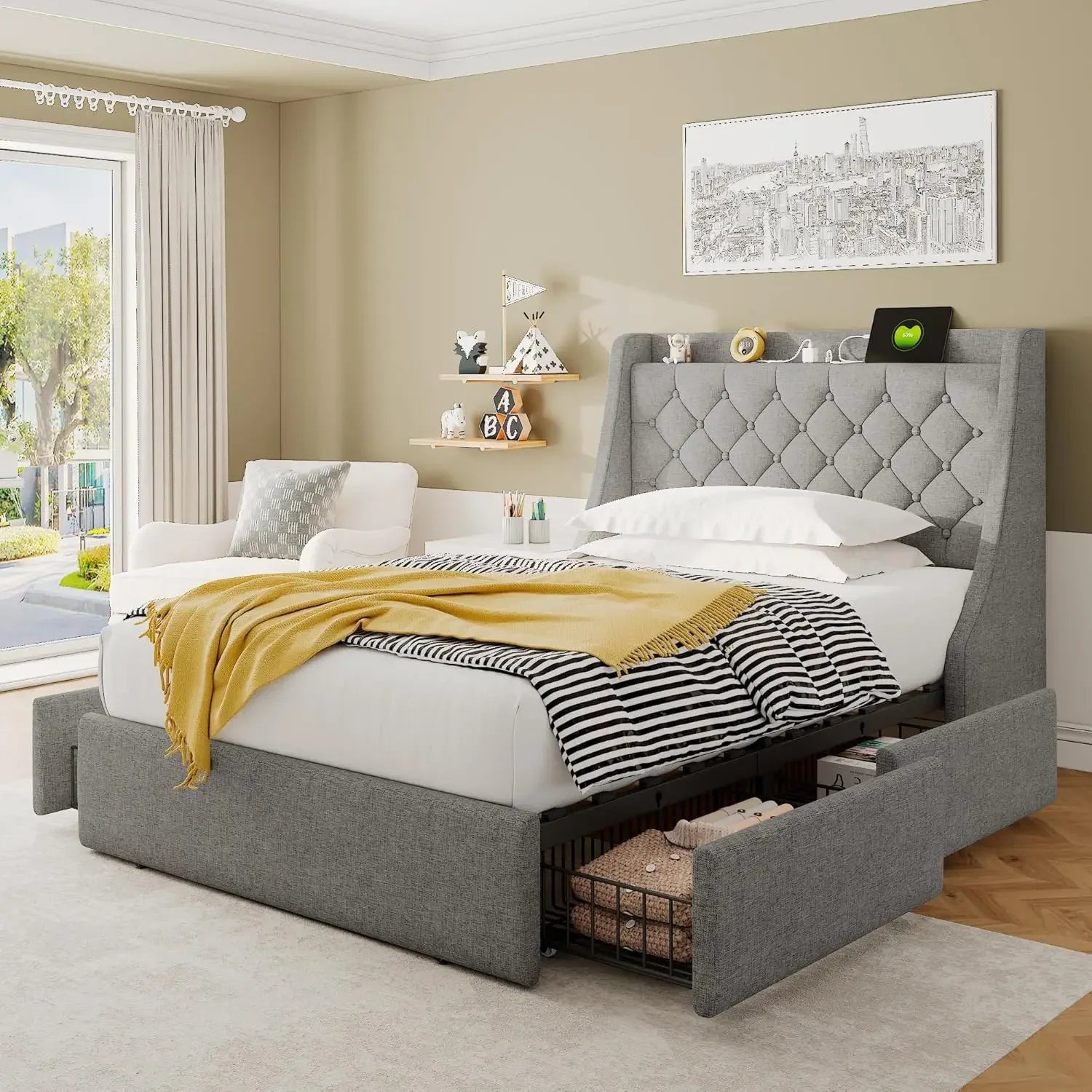 Bed Frame with 4 Storage Drawers, Upholstered Platform Bed Frame with Type-C & USB Ports, Wingback