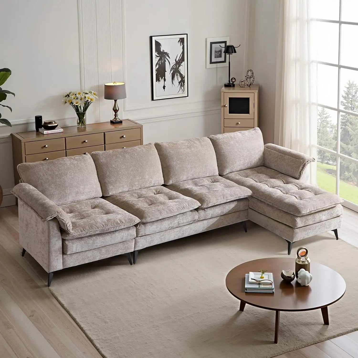 129” Oversized L-Shaped Cloud Sectional Sofa, Memory Foam Couch with Reversible Chaise Lounge