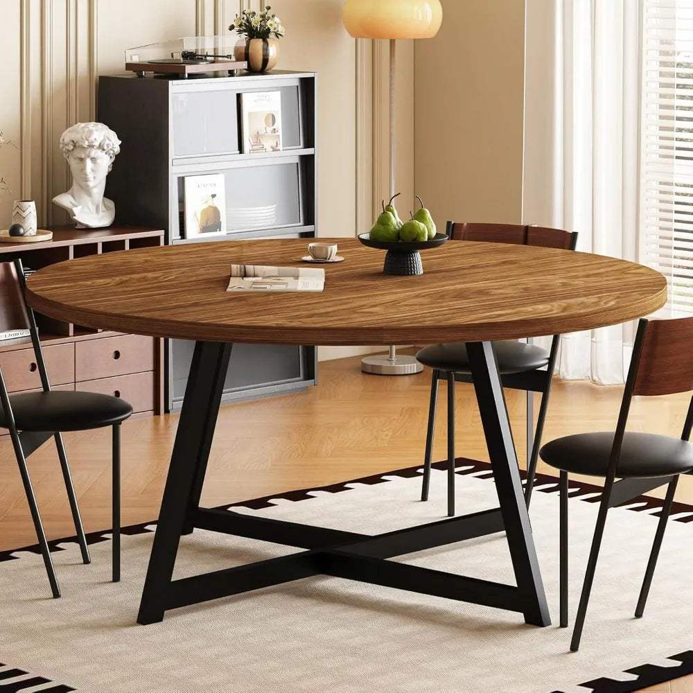 59 INCH Round Dining Table for 4-8, Wood Round Dinner Tables with Industrial Support, Kitchen Table